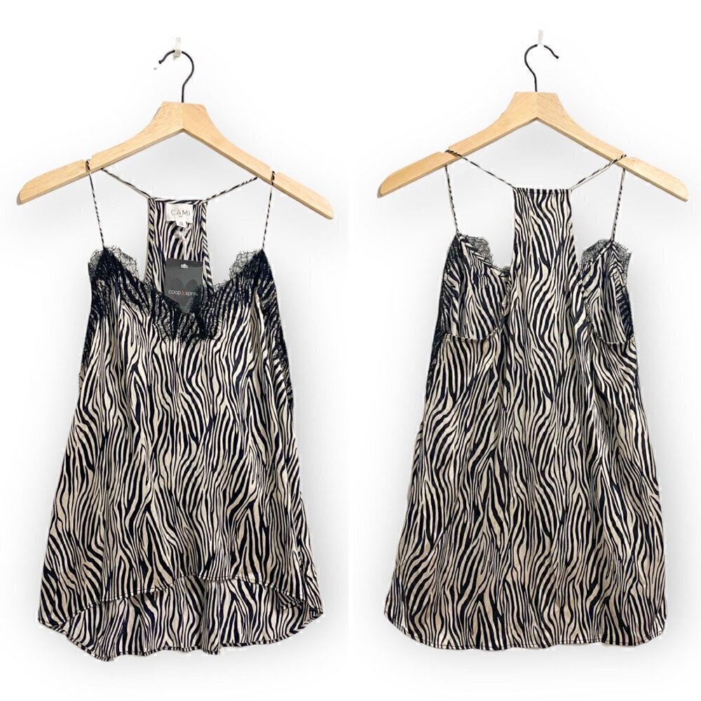 NWT CAMI NYC The Racer Top Zebra Print Lace Trimmed Silk Cami, Size XS